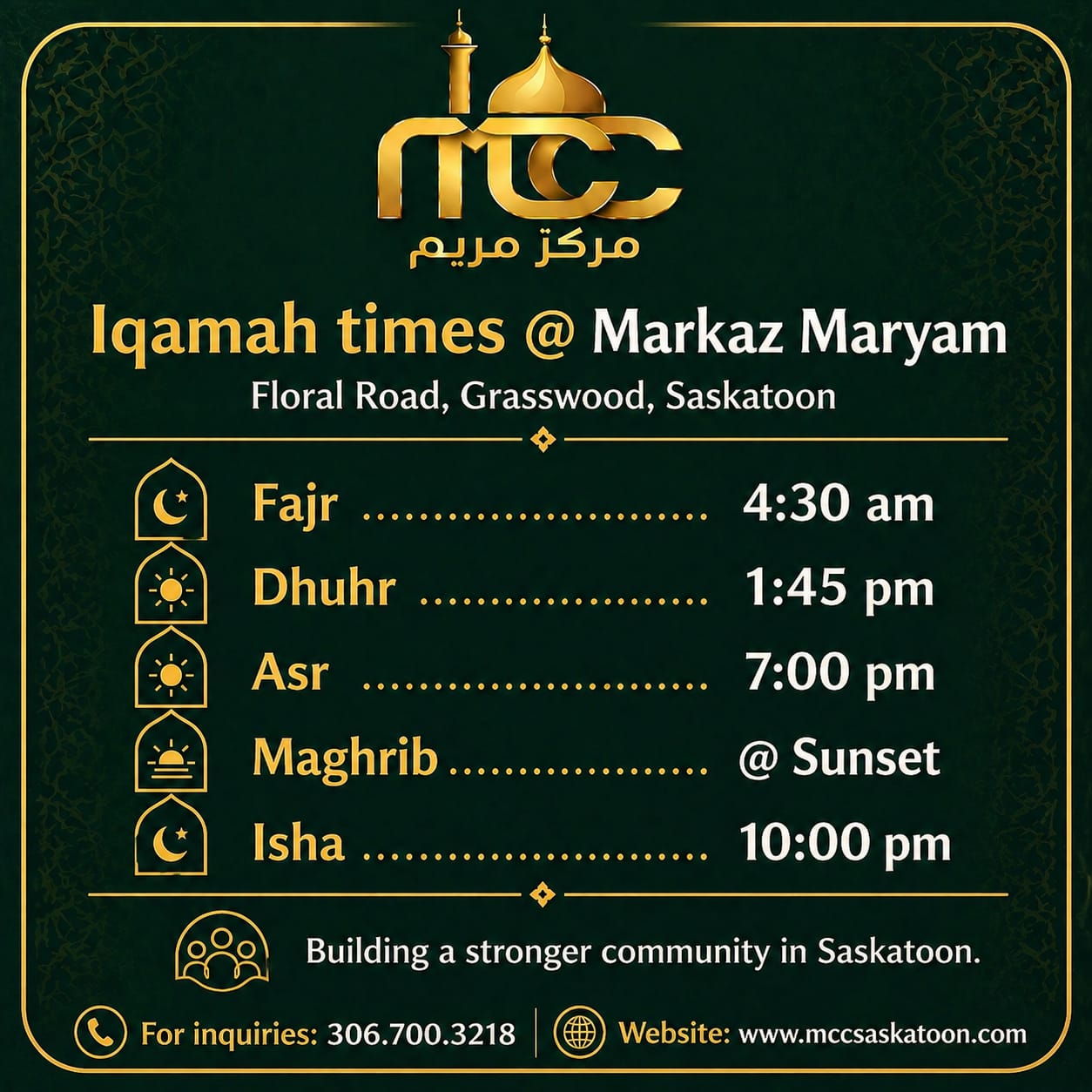 Iqamah times at Markaz Maryam — Fajr 5:00 AM, Dhuhr 1:45 PM, Asr 7:00 PM, Maghrib at sunset, Isha 9:45 PM